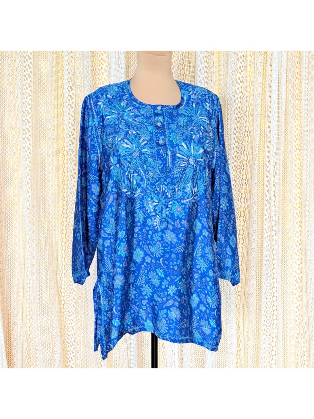 Dolma Blue 100% Silk Floral Embroidered Boho Coastal Resortwear Tunic XL - Picture 8 of 17